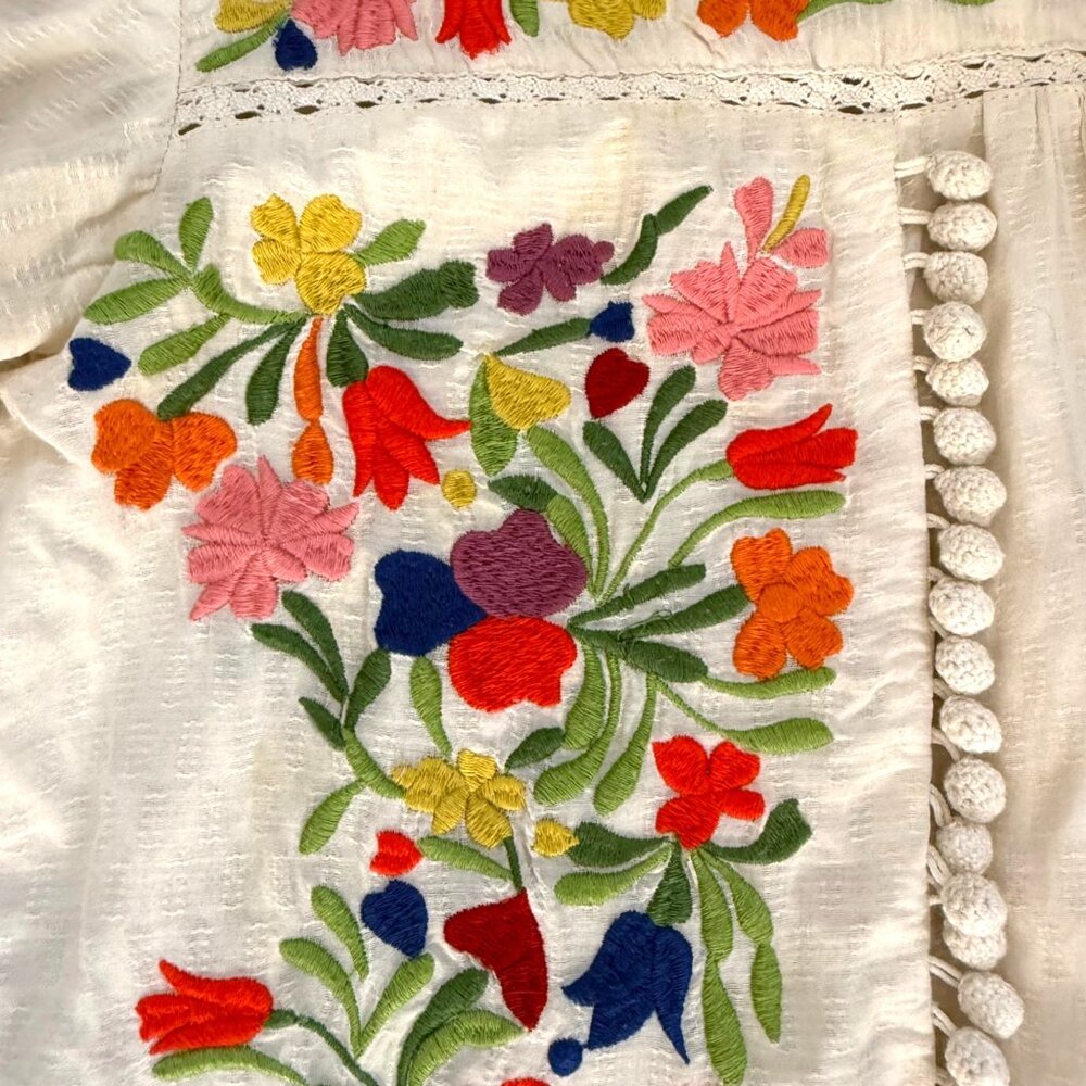Vanessa Virginia Anthropologie Women's Peasant Blouse Embroidered Pom Pom Boho - Picture 3 of 12